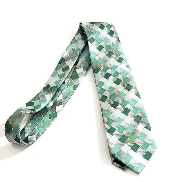 Van Heusen Green Tan Abstract Geometric Woven Silk Tie - Picture 7 of 7